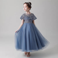 Girl's blue gown with pearls and sequin
