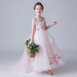 Pink girl's ball gown long appliqué girl pageant dress