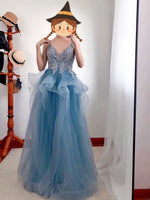 Spaghetti straps embroidered dusty blue prom dress