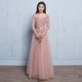 Long sleeve pink bridesmaid dress embroidered pink lace gown