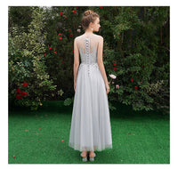 Long embroidered grey tulle bridesmaid dress