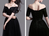 Mid sleeve black tulle prom dress long