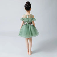 Embroidered short green flower girl dress mint kid's gown