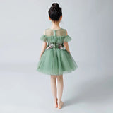 Embroidered short green flower girl dress mint kid's gown