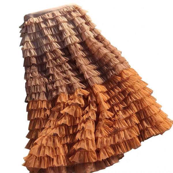Long tulle skirt gradient brown yellow tutu skirt
