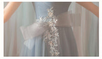 Long blue tulle gown v neck embroidered
