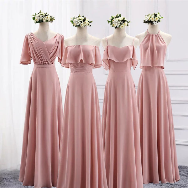 Floor length long pink chiffon bridesmaid dresses