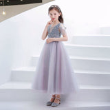 Sleeveless grey sequin prom dress for little girl