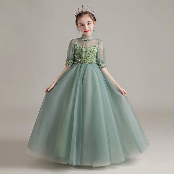 Sequin prom dress for little girl green champagne white