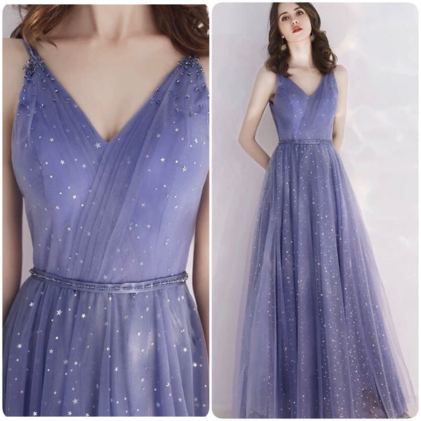 Spaghetti straps dusty blue sparkly prom dress