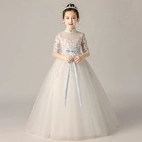 High neckline embroidered white kid's gown middle sleeve flower girl long dress