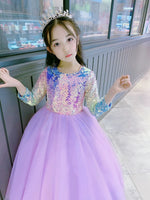 Sparkly long sleeve little girl's sequin lavender ball gown