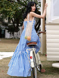 Blue striped dress spaghetti straps summer dress