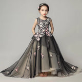 Little girl black party dress tailing