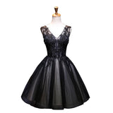 Short black gown v neck party dress