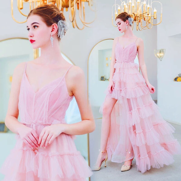 Spaghetti straps pink wedding gown