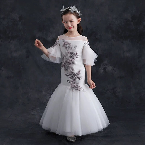 White embroidered little girl mermaid dress
