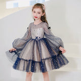 Dark blue champagne dress for little girl long sleeve