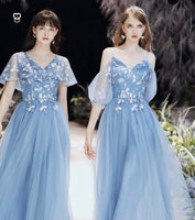 Embroidered sky blue bridesmaid dresses long