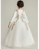 Long sleeve embroidered flower girl dress green kid's gown