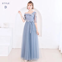 Floor length long blue bridesmaid dress embroidered tulle gown