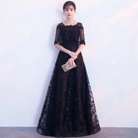 Long prom dress black gray lace tulle
