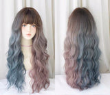 76cm 30 inches long blue pink two color curly wig with bangs かつら