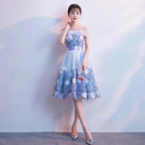 Applique short blue prom dress