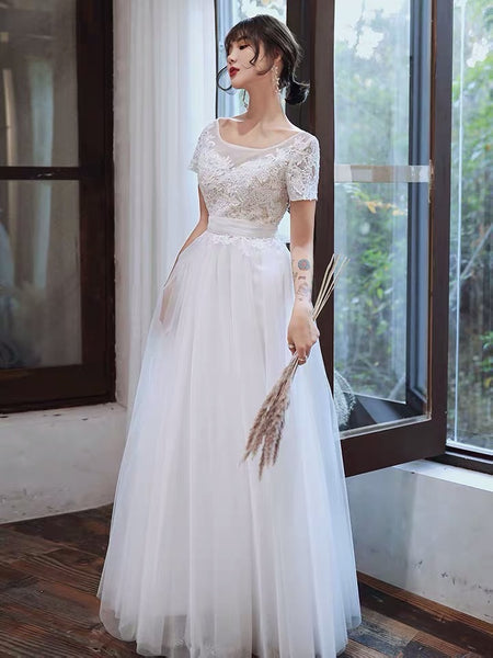 Short sleeve lace and tulle modest wedding dress