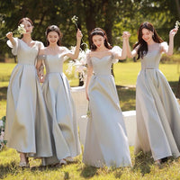 Grey satin bridesmaid dresses long