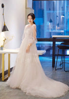 Transparent middle sleeve lace and tulle wedding dress