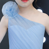 One shoulder blue flower girl dress