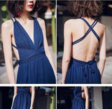 Blue backless beach dress long holiday dress V neck slit