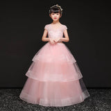 Long flower girl pink ball gown sky blue tulle kid's gown