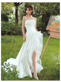 Slit wedding dress off the shoulder satin wedding gown