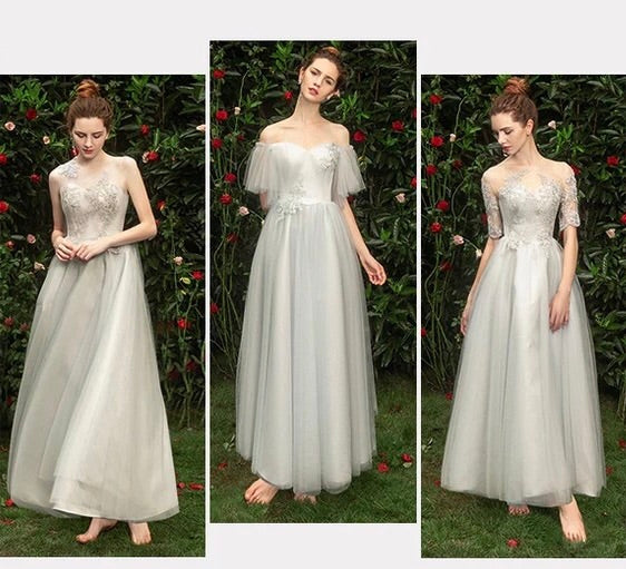 Long embroidered grey tulle bridesmaid dress
