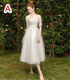 Calf Length gray embroidered tulle bridesmaid dress boat neck grey prom dress