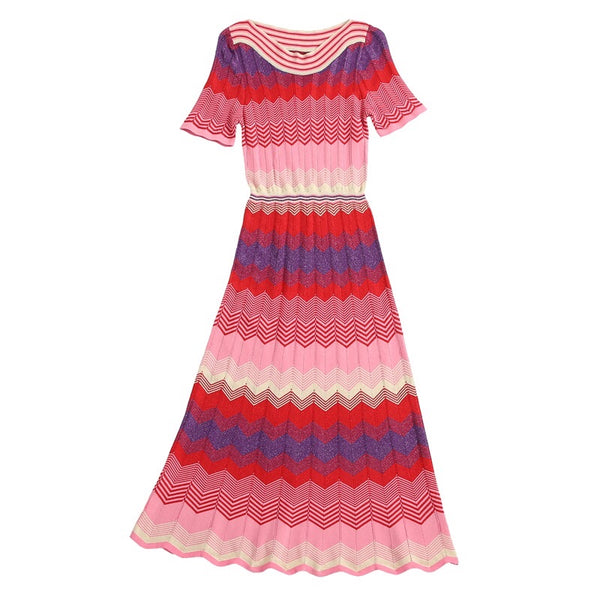 Red stripes knitting dress short sleeve