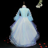Middle sleeve high neckline sky blue applique ball gown for girl