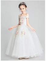 Off the shoulder embroidered white flower girl dress