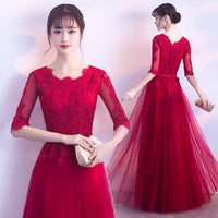 Half sleeve dark red lace tulle event dress