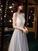 White blue halter embroidered prom dress