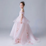 Pink girl's ball gown long appliqué girl pageant dress