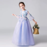Floor length long appliqué flower girl dress lavender kid's gown