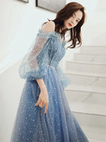 Half sleeve sparkly sky blue prom dress