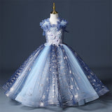 Sleeveless blue embroidered ball gown for girl