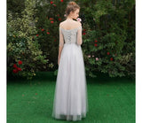 Embroidered grey bridesmaid dresses tulle floor length long