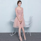 Long sleeve pink bridesmaid dress embroidered pink lace gown