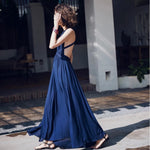 Blue backless beach dress long holiday dress V neck slit