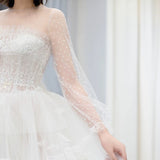 Transparent middle sleeve lace and tulle wedding dress